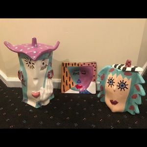 Set of three ceramic canisters/plate